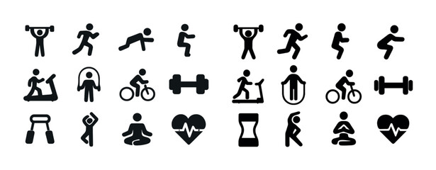 Collection of fitness and exercise icons depicting various workout activities