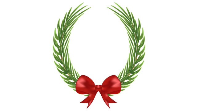Classic Merry Christmas Pine Wreath with Red Bow Holiday Festive Decoration Vector Illustration