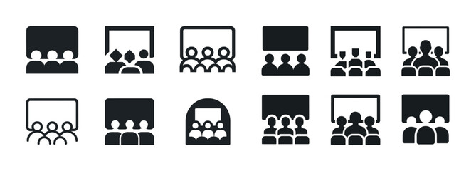 Seminar attendees silhouette icons meeting presentation symbol set