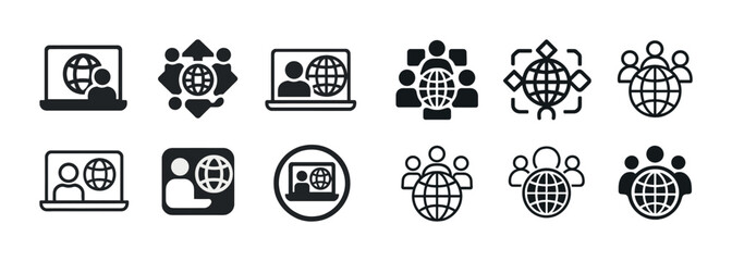 Global communication icons: laptop, globe, people, collaboration, network