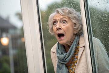 Peering out the window, the elderly woman was shocked. Shock. Surprise. Accident. A kind middle-aged woman. Fraud. Deceived. Witnessed.