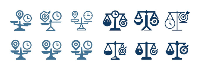 Set of icons depicting scales balancing clocks and location symbols