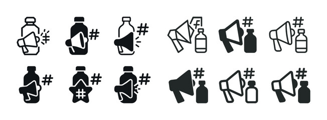 Fototapeta premium Monochrome social media icons with hashtags and megaphones