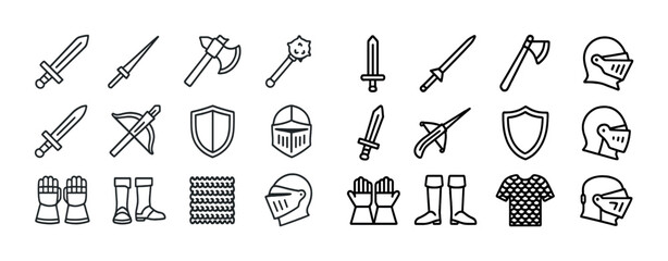 Obraz premium Medieval weaponry and armor icons set featuring swords, axes, helmets, shields, and gloves