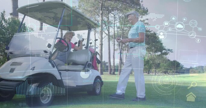 Woman seated cart gesturing toward bag, man walking, retrieving club HUD overlay guiding golf shot