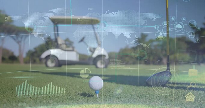 Gloved hand entering frame placing white ball on tee, driver aligning for tee shot, HUD overlaying