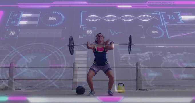 Woman driving hips lifting barbell to front rack and pressing up HUD overlaying athlete for fitness