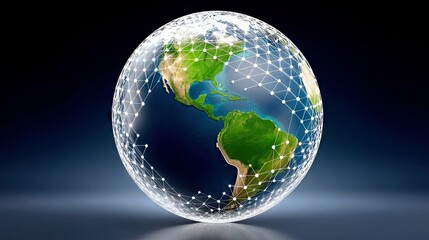 A digital representation of the Earth globe with a glowing white network of interconnected dots and lines overlaying the continents and oceans, set against a da