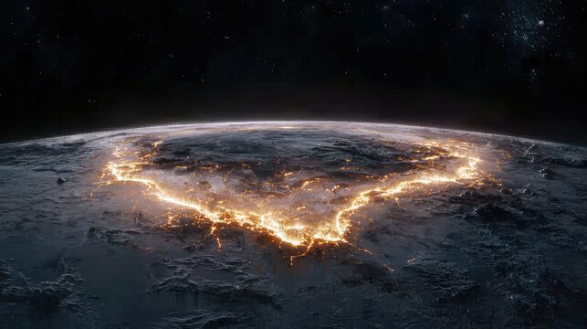 A view from space shows the planet Earth at night, with a prominent crescent of glowing city lights illuminating the surface. Stars are visible in the dark sky.