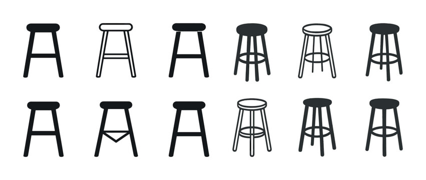 Set of twelve black and white bar stool silhouettes in various designs