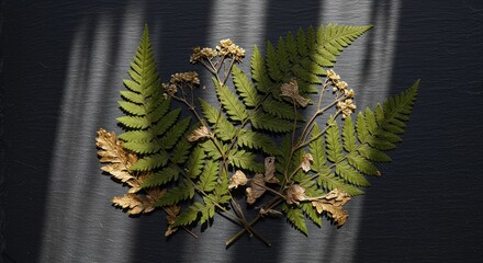 Botanical Still Life: Ferns and Dried Flowers on Textured Black Surface with Shadow Play