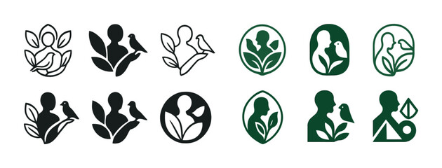 Naklejka premium Nature-inspired bird and human silhouette icons