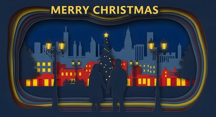 Paper cut Merry Christmas illustration of a romantic couple admiring a festive tree in a magical city square at night.