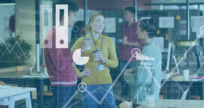 Three coworkers chatting foreground while data feed updating, overlaying animated business charts