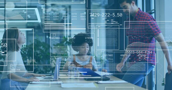 Left teammate typing, causing HUD overlay expanding while trio reviewing blue folder for business