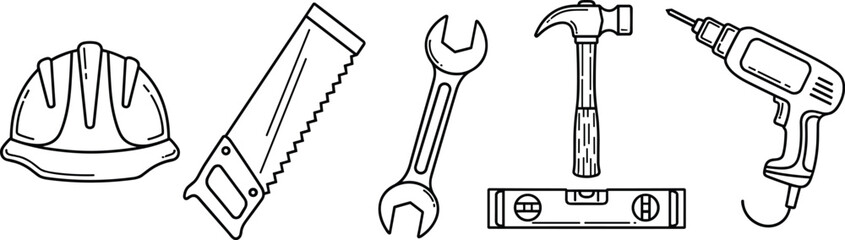 Construction tools, handyman equipment, repair gear, carpentry essentials, mechanical instruments, safety helmet, hammer, drill, wrench, saw, level, outline icons