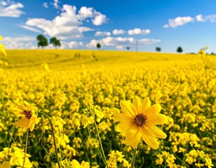 Obraz premium Golden field of vibrant yellow flowers under a bright blue sky. Rolling hills and trees