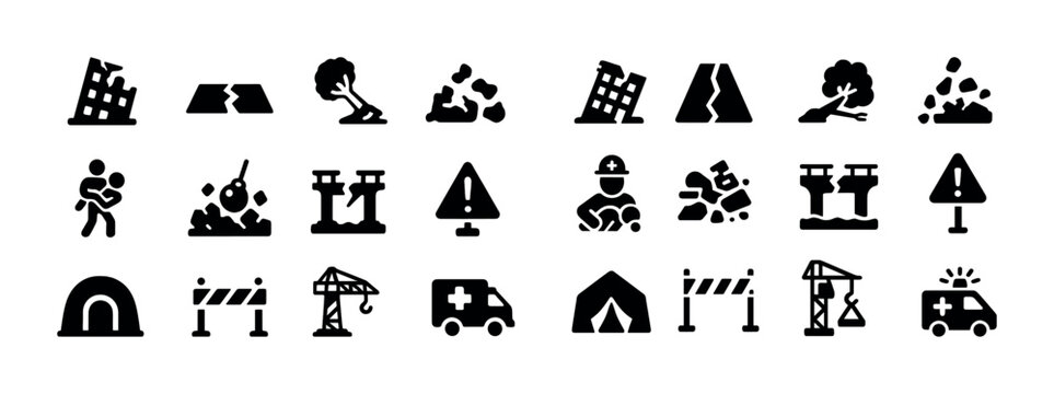 Natural disaster icons set: earthquake, landslide, emergency response