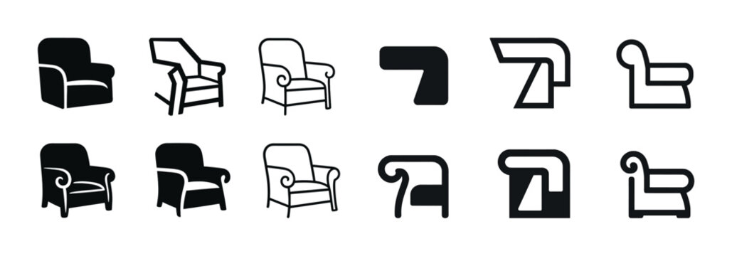 Set of minimalist armchair icons in black and white design