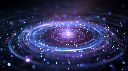 Holographic quantum shield core emitting blue and violet particles, ultra-futuristic encryption sphere, glowing energy rings, cyber defense visualization