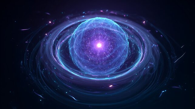 Holographic quantum shield core emitting blue and violet particles, ultra-futuristic encryption sphere, glowing energy rings, cyber defense visualization