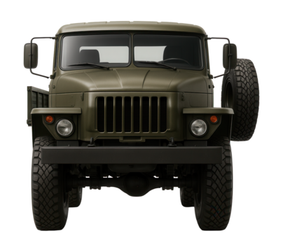 Military two-axle truck with flatbed and side-mounted spare tire.