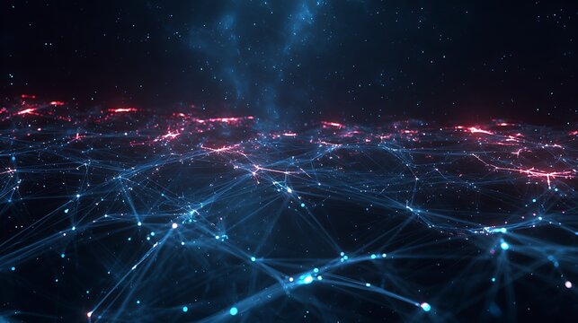 Quantum grid floating in dark space, glowing neon nodes and encrypted beams, futuristic algorithm defense