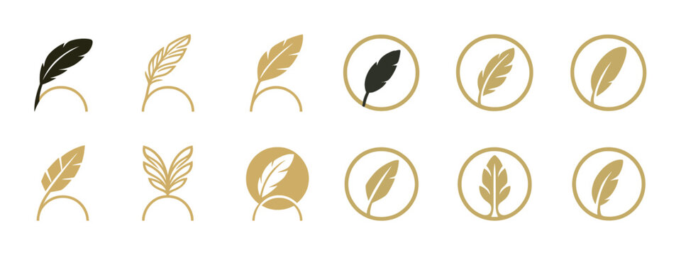 Elegant feather logos: minimalist gold and black leaf designs in circle and arch motifs