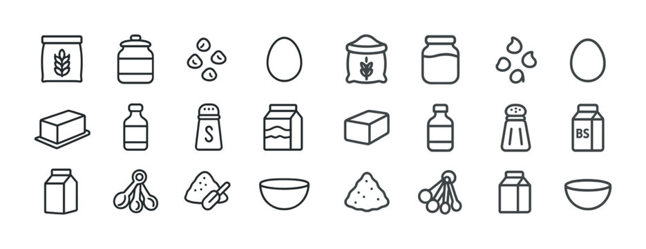Set of 24 minimalist kitchen ingredient icons in black lines