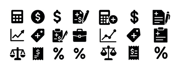Finance and business icons set featuring calculators and currency symbols