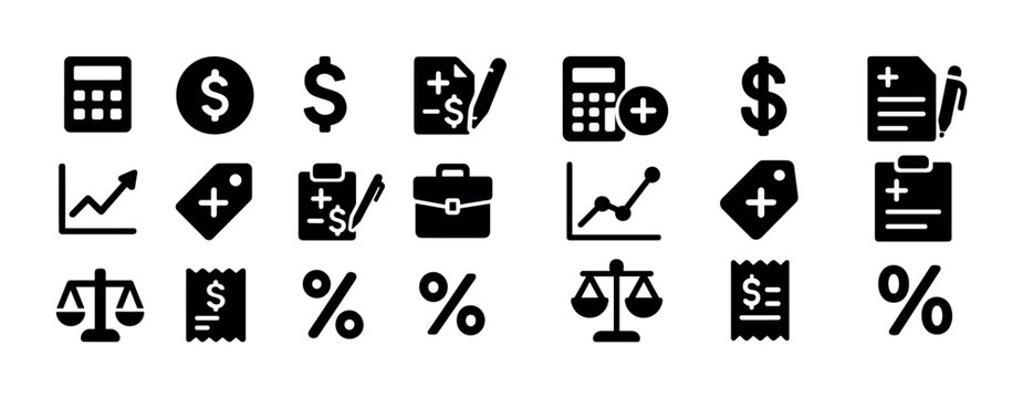 Finance and business icons set featuring calculators and currency symbols