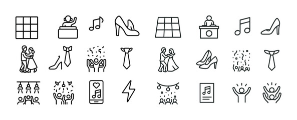 Line icons of party and celebration: music, dance, shoes, events