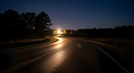 Winding country road at dusk, softly illuminated by a distant glow, casting reflections on the wet asphalt, creating a tranquil and mysterious nighttime drive