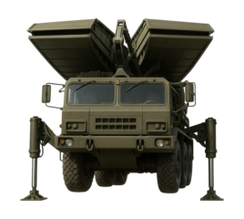Three-axle military vehicle with a bridge-laying system and hydraulic supports.