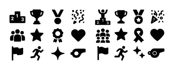 Black icon set: awards, trophies, medals, stars, hearts, symbols of achievement and celebration