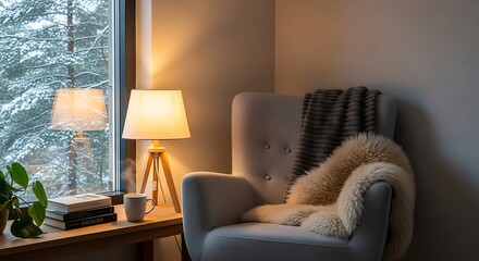 Cozy armchair bathed in warm lamplight next to a window with a snowy forest view