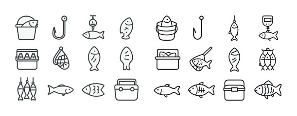 Linear fishing icon set: hooks, fish, baskets, scales, nets