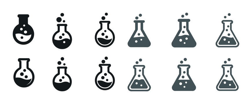 Set of chemistry flask icons with bubbling liquid in various styles