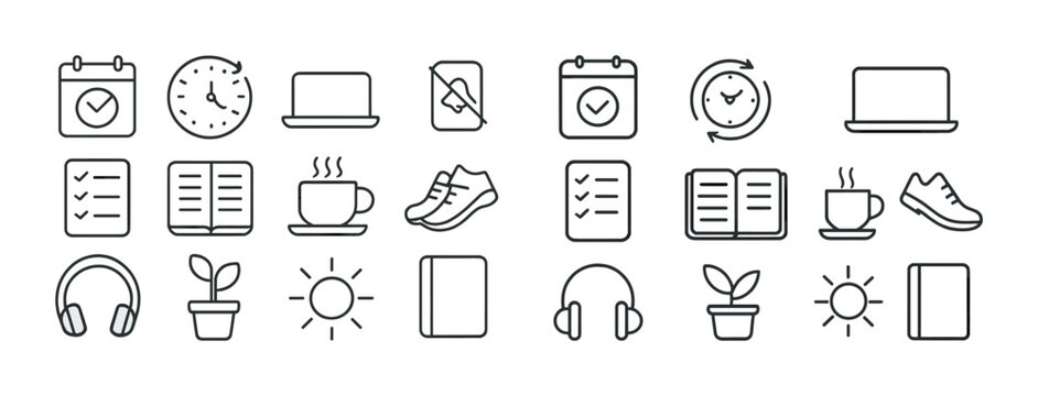 Set of minimalist icon designs: calendar, clock, laptop, book, headphones, plant, sun, coffee, shoes
