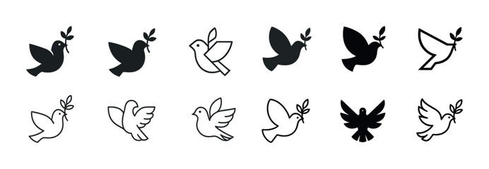 Obraz premium Collection of dove icons with olive branches in various styles