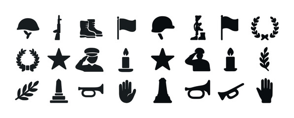 Military and remembrance symbols: helmets, flags, boots, salutes, musical instruments, candles