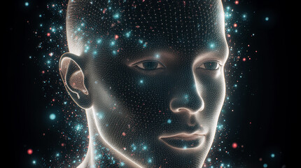 Digital Soul: A digital human, with radiant particles representing the essence of human intellect and data processing. A glimpse into the convergence of technology and human existence.