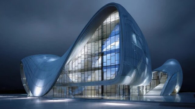 Contemporary Architectural Marvel: A captivating architectural masterpiece with a fluid, modern design, showcasing innovative structures and expansive glass facades under a twilight sky.