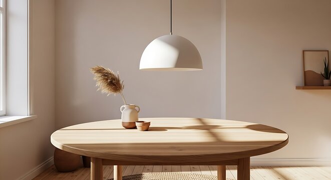 A beautifully sunlit minimalist dining space showcasing a wooden round table, a modern white pendant lamp, and simple pampas grass decor
