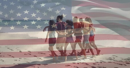 Friends linking arms starting walk on sand, flag overlay rippling over group for marketing - Powered by Adobe