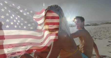 Wind causing flag overlay waving front woman yellow bikini turning smiling travel ad capturing mood - Powered by Adobe