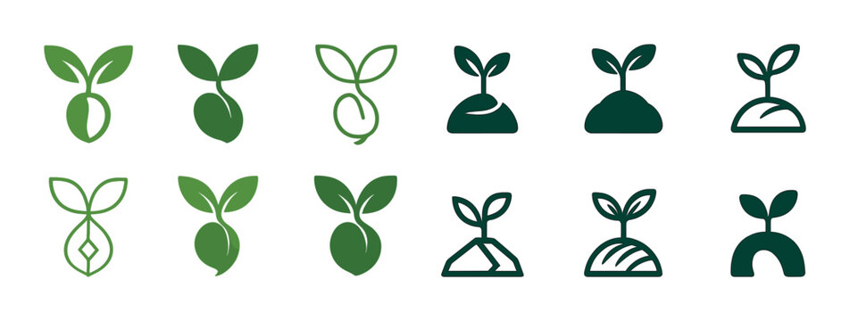 Various green plant sprout icons depicting growth and development