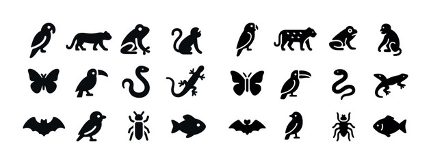 Obraz premium Silhouette icons of animals and insects: parrot, frog, monkey, butterfly, fish
