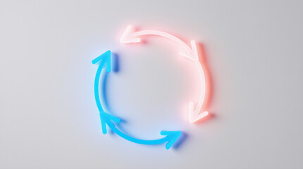 Circulation Process: Illuminated neon arrows, one in cool blue, the other in warm red, intertwine in a continuous loop, representing cycle and process.