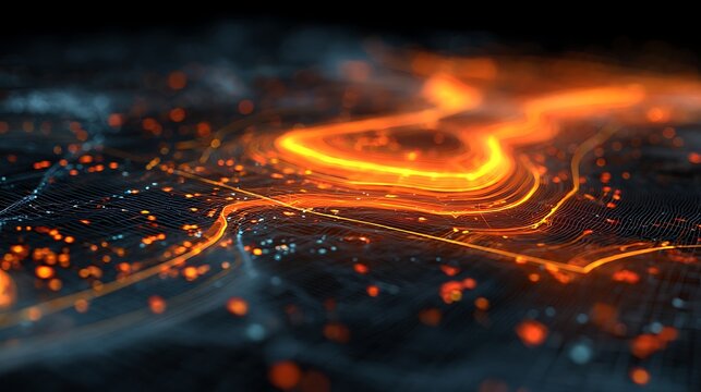 Holographic heatmap with orange/red hotspots, AI scanner lines, futuristic monitoring dashboard